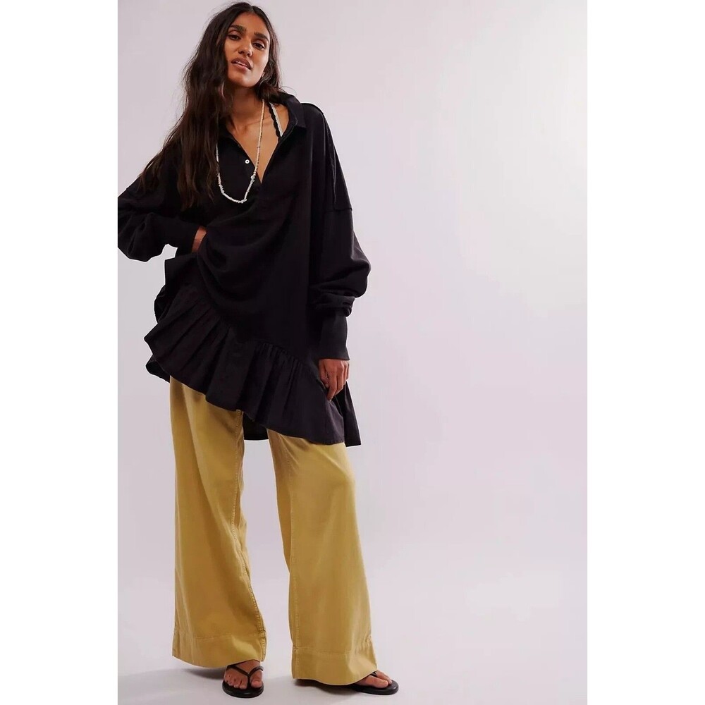 Free People Olivia Sweatshirt Top Collared Oversized Black Pullover M NWT 274303